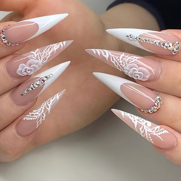 24 Pieces of Long Stiletto Nail Tips with Pink French Rose Pattern - Picture 1 of 7